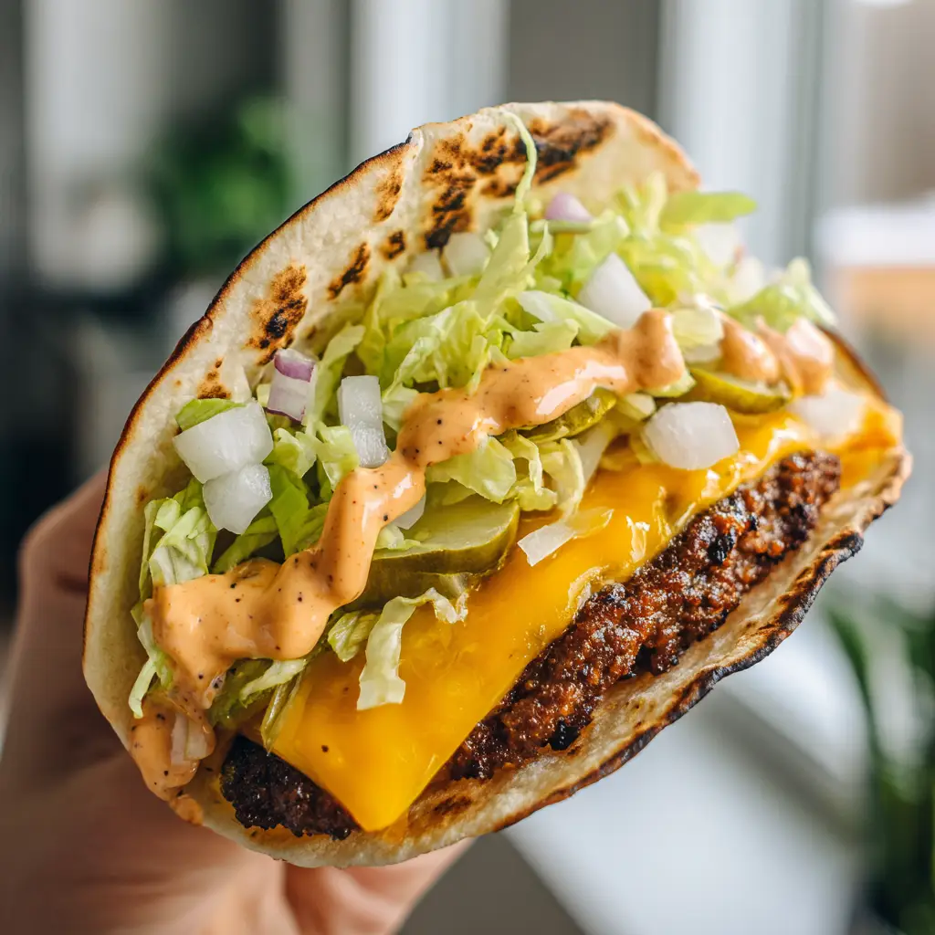 Smash Burger Tacos topped with finely diced white onions, shredded lettuce, and creamy orange sauce with black pepper specks.