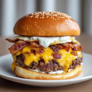Close up of a seared beef patty with melted cheddar and ranch sauce on a sesame brioche bun. (Crack Burgers Recipe)