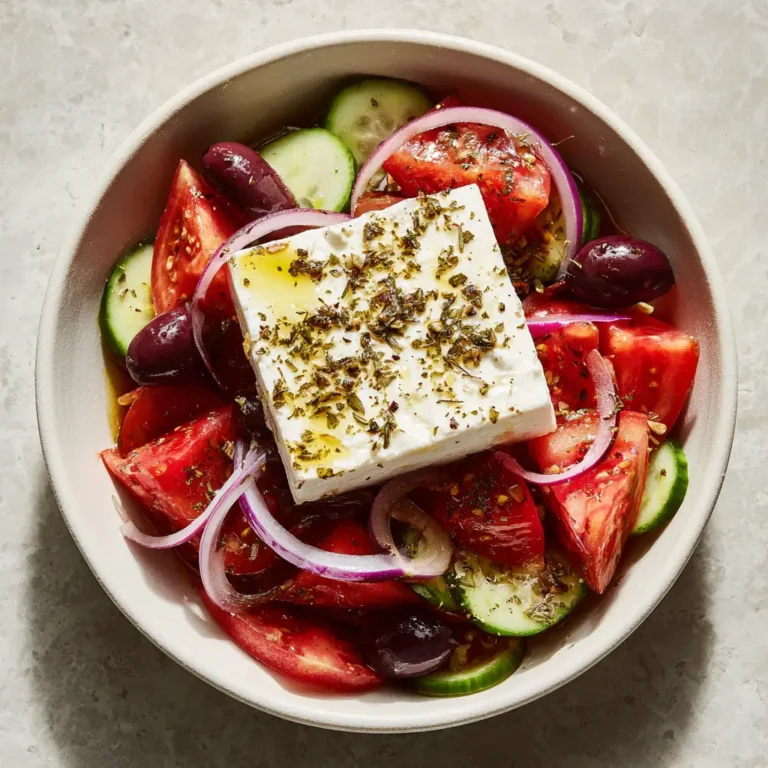 A smartphone photo of an Authentic Greek Salad featuring large tomato chunks and thin red onion rings.