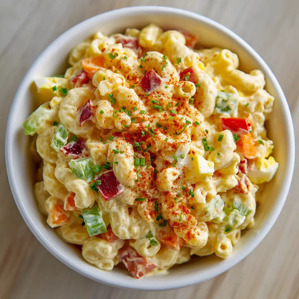 Amish Macaroni Salad: The Ultimate Creamy and Tangy Summer Classic 1 Close up of Amish Macaroni Salad highlighting the creamy mayonnaise-mustard dressing and parsley garnish.
