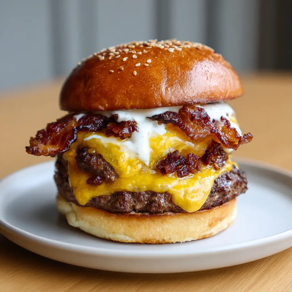 Crack Burgers Recipe with Runny Egg and Crispy Bacon 1 Handheld photo showing a glossy runny egg yolk dripping over a cheeseburger with bacon strips.