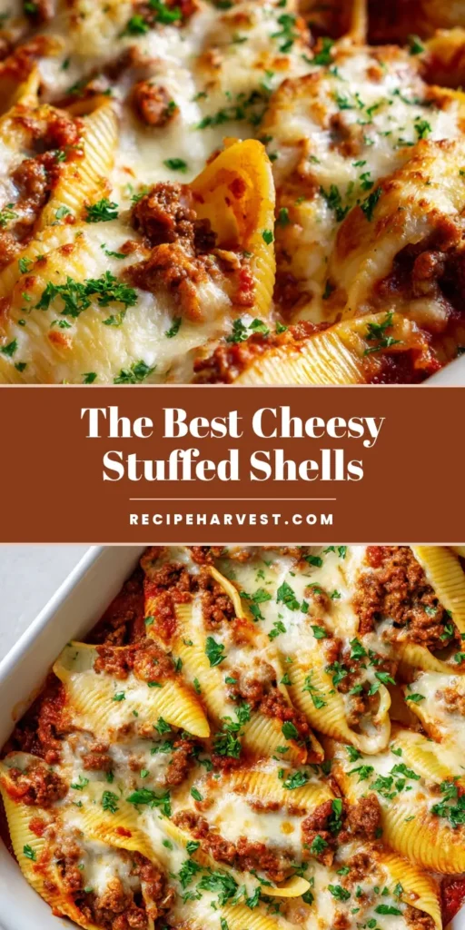 A close-up of Beef Stuffed Shells in a white casserole dish with melted mozzarella, golden bubbles, and fresh parsley.