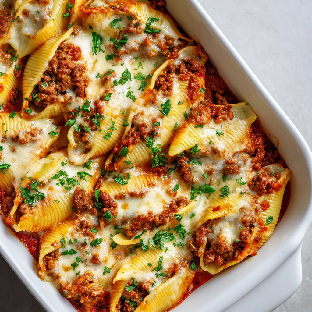 Detailed view of the melted mozzarella and golden-brown charred patches on Beef Stuffed Shells.