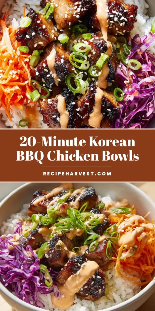 Korean BBQ Chicken Bowls with Creamy Gochujang Drizzle 4 A top-down view of a Korean BBQ Chicken Bowl featuring charred chicken, shredded carrots, and purple cabbage over white rice with a gochujang drizzle.