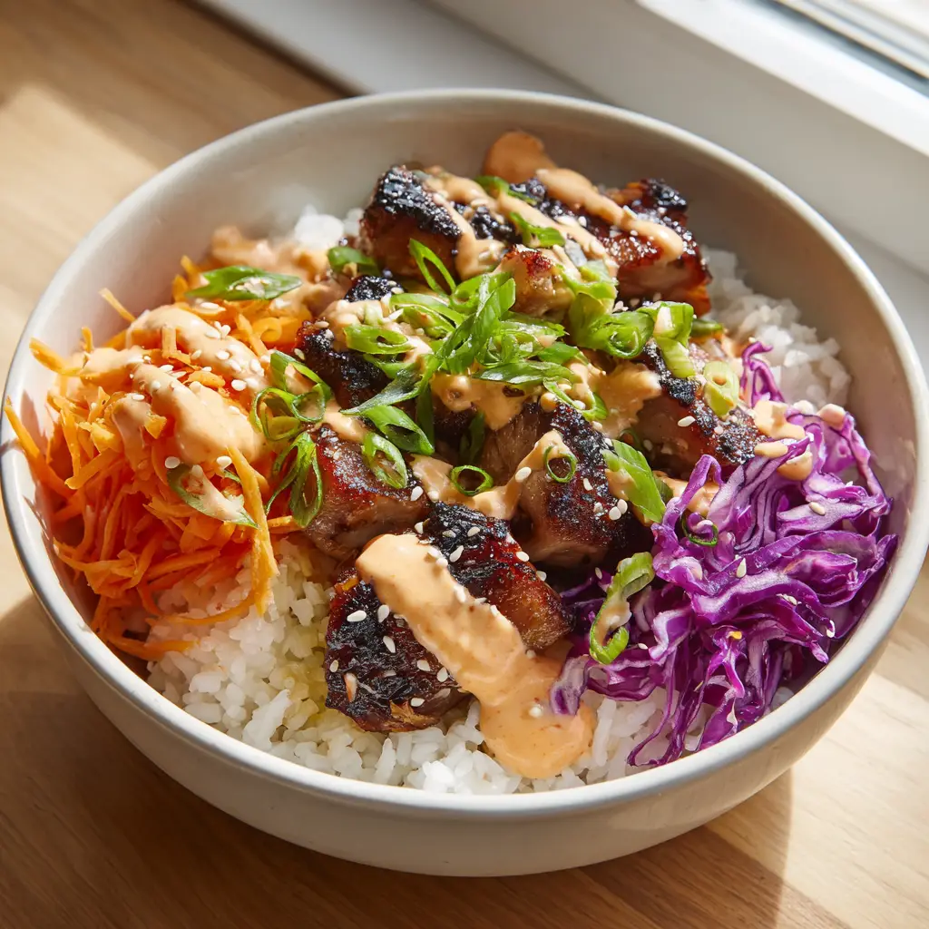 Korean BBQ Chicken Bowls with Creamy Gochujang Drizzle 2 Close-up of a white ceramic bowl with glossy charred Korean BBQ Chicken, vibrant carrots, and purple cabbage on a bed of jasmine rice.