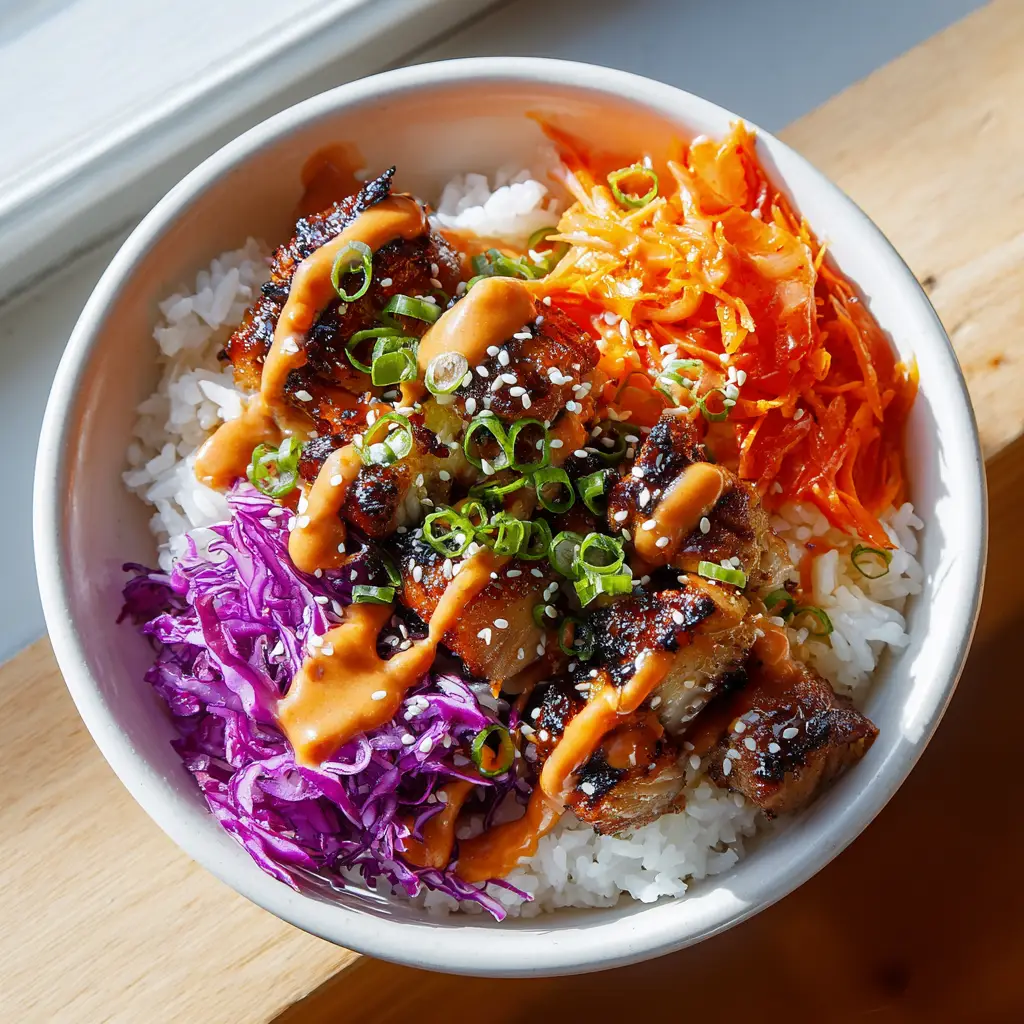 Korean BBQ Chicken Bowls with Creamy Gochujang Drizzle 1 Top-down view of Korean BBQ Chicken Bowls showing the thick creamy orange-pink gochujang sauce drizzle across the ingredients.