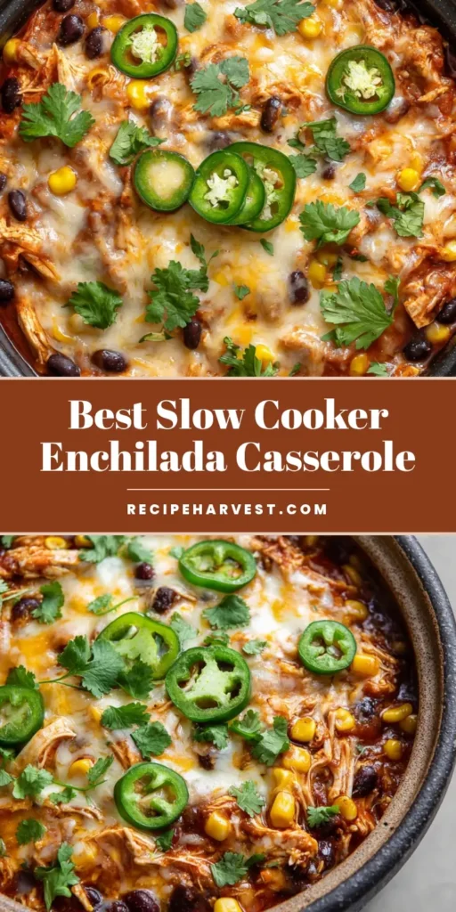 Slow Cooker Chicken Enchilada Casserole: The Ultimate Easy Family Dinner 4 A close-up of Slow Cooker Chicken Enchilada Casserole with melted bubbly cheese, fresh cilantro, and jalapenos in a dark crockpot.
