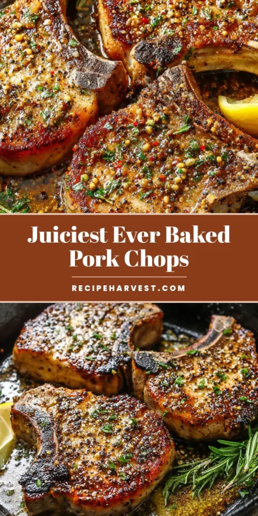Three thick bone-in Baked Pork Chops in a cast iron skillet with a dark golden crust, rosemary, and a lemon wedge.