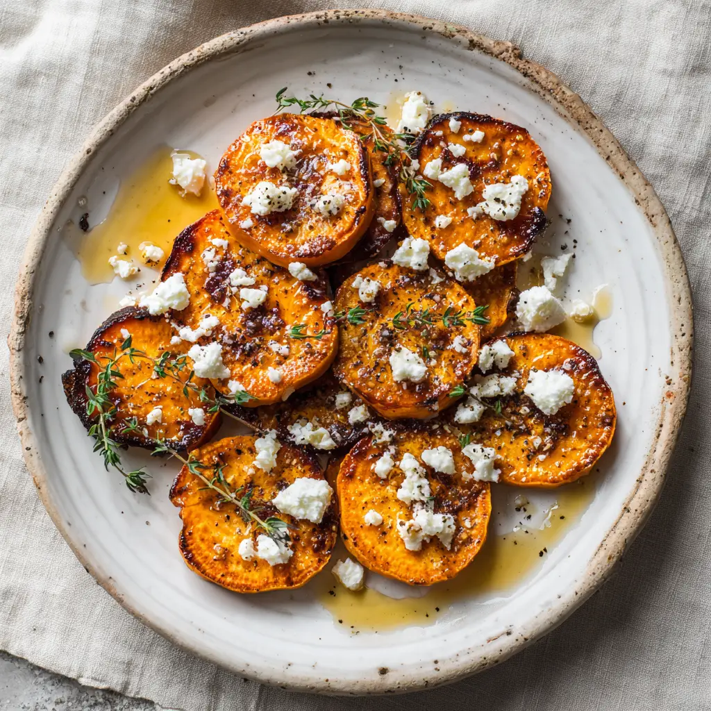 Overhead view of thick-cut sweet potato slices drizzled with honey and sprinkled with feta on a rustic plate.