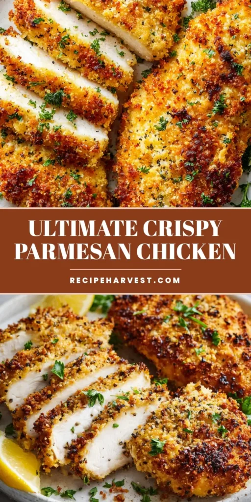 A handheld smartphone photo of crispy baked Parmesan Crusted Chicken sliced on a rustic white plate with parsley and lemon.