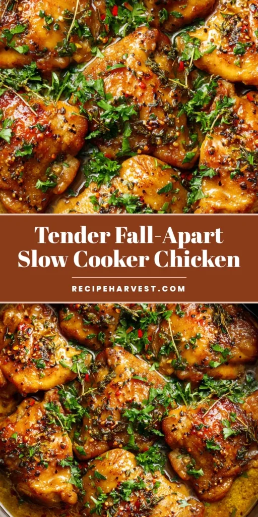 A close-up of tender Slow Cooker Chicken Thighs in a glossy amber sauce with cracked black pepper and fresh parsley.