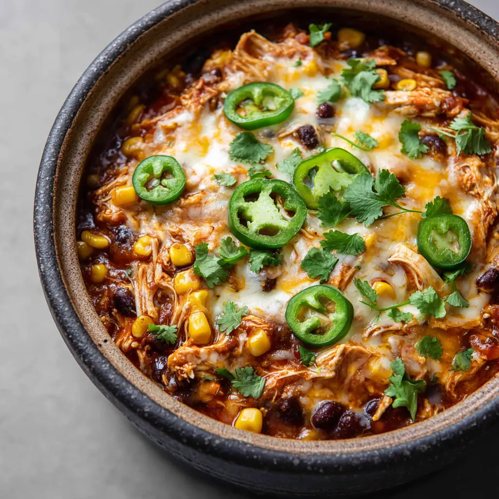 Slow Cooker Chicken Enchilada Casserole: The Ultimate Easy Family Dinner 2 Top-down view of Slow Cooker Chicken Enchilada Casserole showing layers of chicken, beans, and corn in a glossy red sauce.