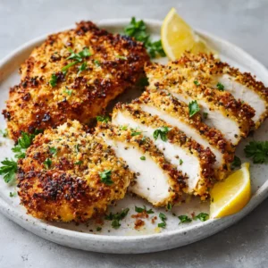 Close up of golden-brown crispy baked Parmesan Crusted Chicken breasts showing the textured panko coating.