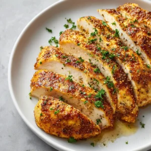 Close up of thick succulent slices of Oven Baked Chicken Breast with clear juices and smoked paprika seasoning.