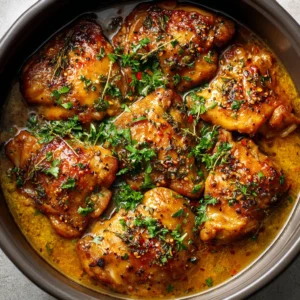 Top-down view of Slow Cooker Chicken Thighs resting in a rich amber savory sauce with fine flecks of thyme.