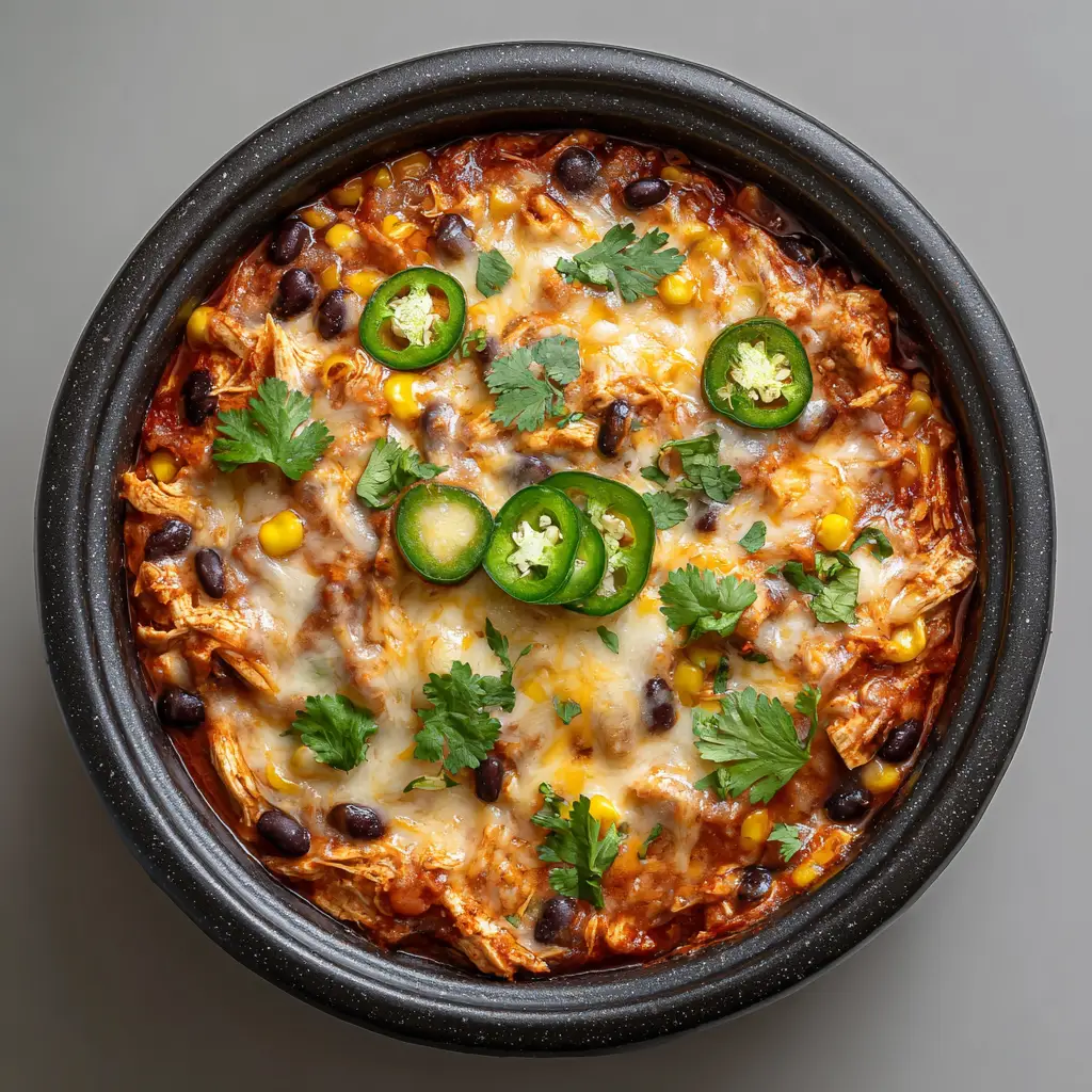 Slow Cooker Chicken Enchilada Casserole: The Ultimate Easy Family Dinner 1 Close up of the melted cheese topping on the Slow Cooker Chicken Enchilada Casserole with golden-brown toasted spots.