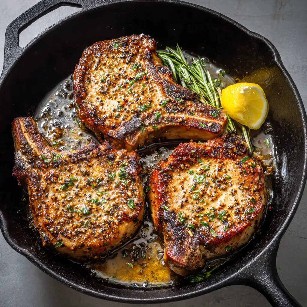 Close up of Baked Pork Chops showing the savory rub, cracked black pepper, and fresh rosemary sprig.