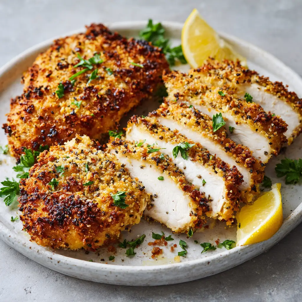 Sliced Parmesan Crusted Chicken breast on a grey stone background with fresh parsley garnish.