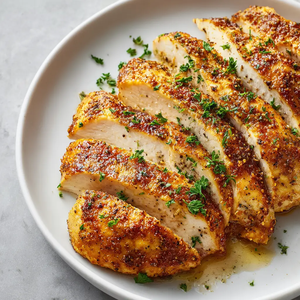 Oven Baked Chicken Breast sliced on a minimalist white ceramic plate with a stone background.