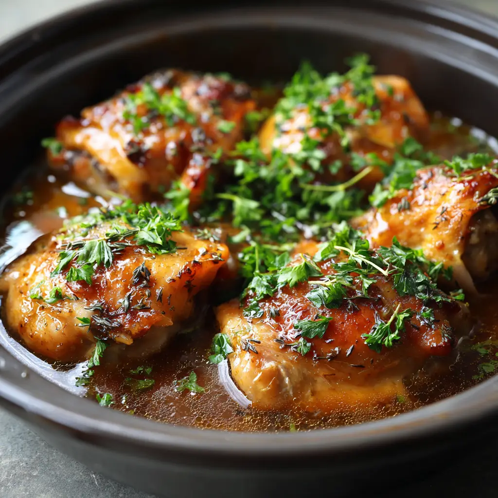 Close up of the shimmering glaze and cracked black pepper on Slow Cooker Chicken Thighs.
