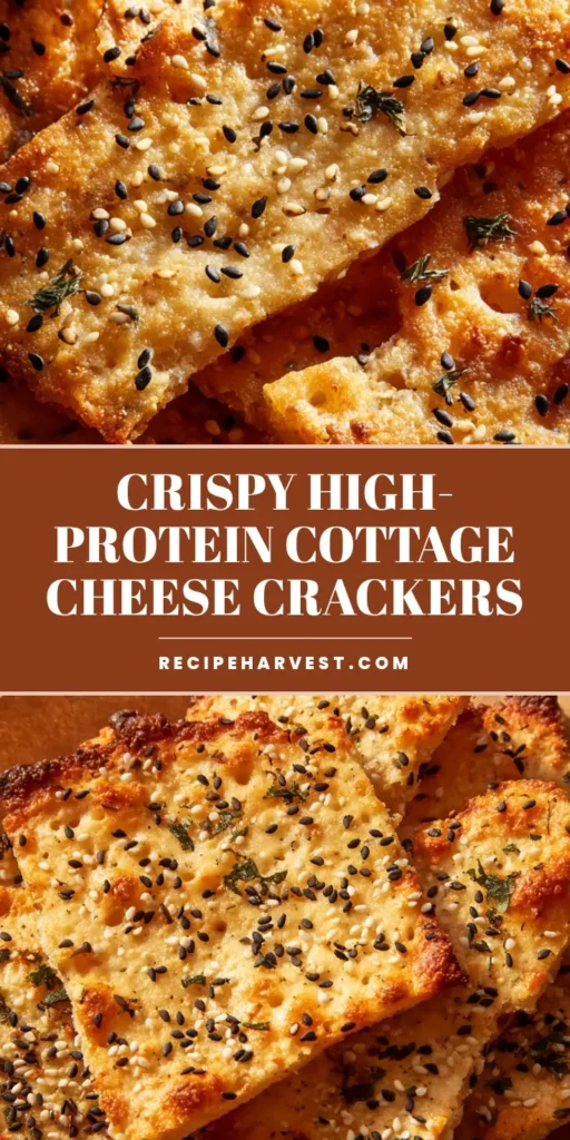 A stack of thin, golden-brown Cottage Cheese Crackers with black and white sesame seeds on brown parchment paper.