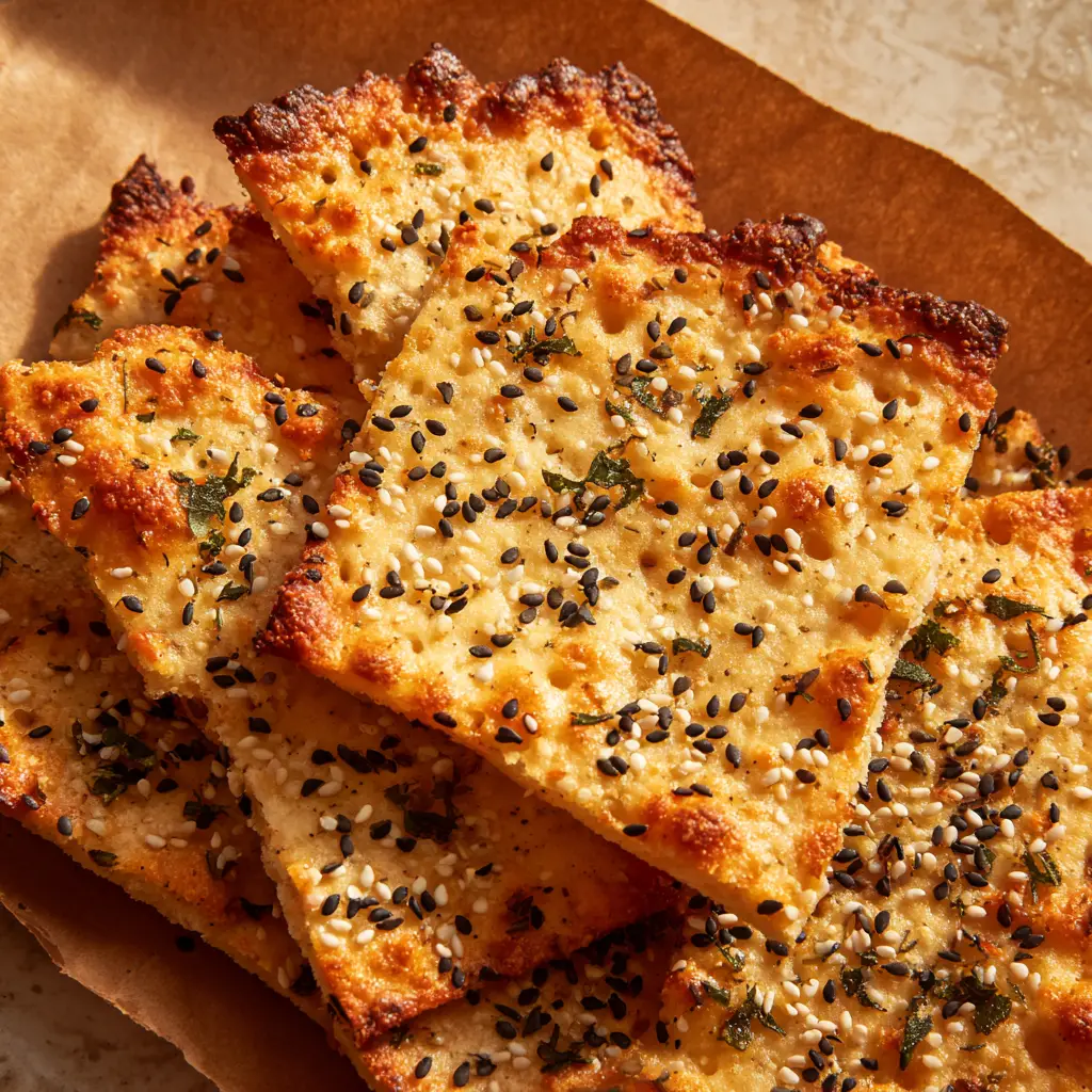 Close-up of baked Cottage Cheese Crackers showing a bubbly texture and charred edges.