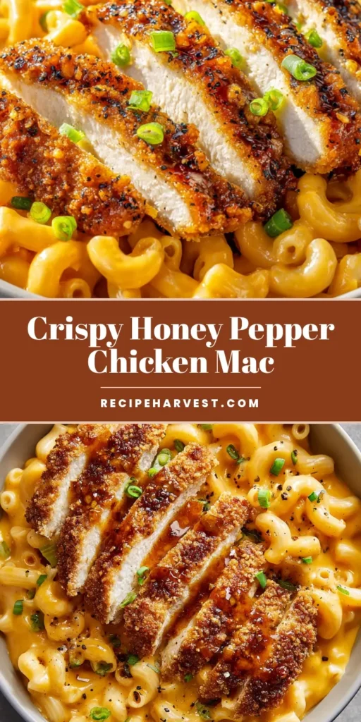 Honey Pepper Chicken Mac and Cheese: The Ultimate Sweet and Spicy Comfort Food 3 A close-up of Honey Pepper Chicken Mac and Cheese featuring creamy macaroni and crispy honey-glazed chicken with black pepper and green scallions.