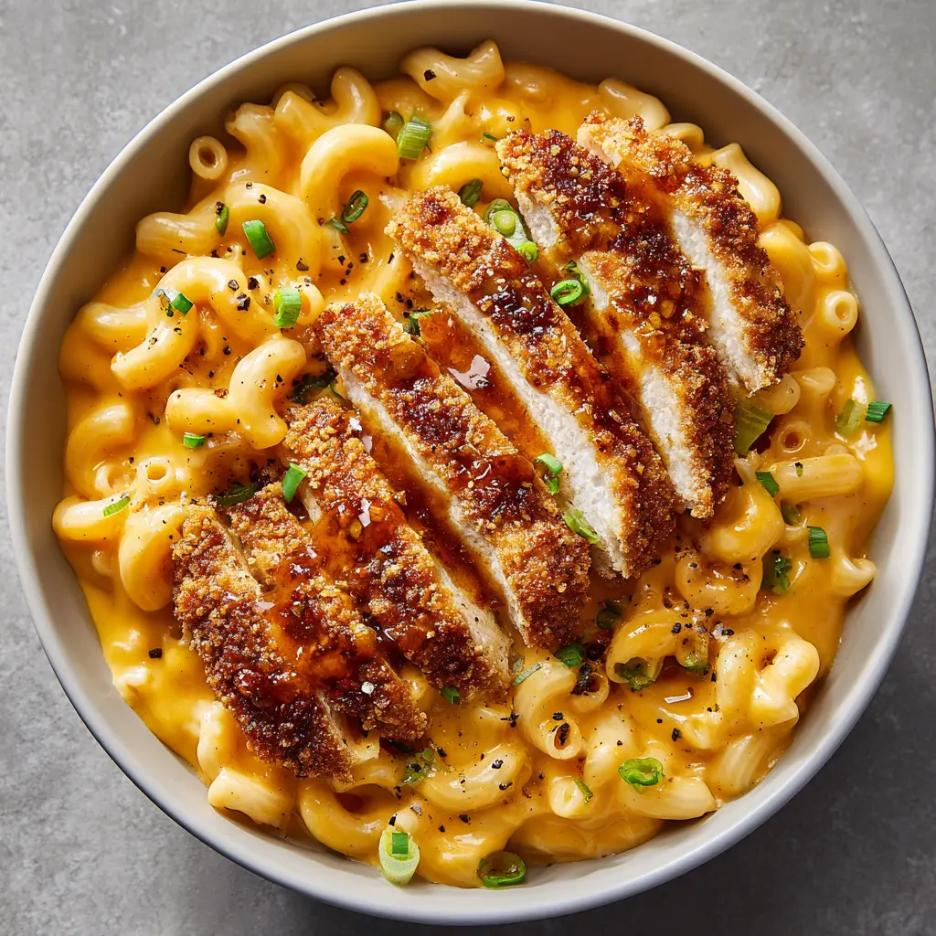 Honey Pepper Chicken Mac and Cheese: The Ultimate Sweet and Spicy Comfort Food 2 A matte white bowl filled with creamy orange cheddar mac and cheese topped with golden crispy chicken strips in a dark honey pepper glaze.