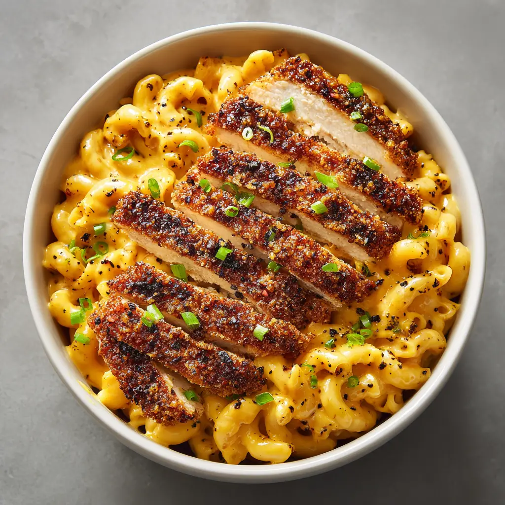 Honey Pepper Chicken Mac and Cheese: The Ultimate Sweet and Spicy Comfort Food 1 Top view of Honey Pepper Chicken Mac and Cheese showing coarse black pepper and fresh green scallion garnish.
