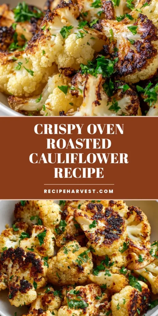 A vertical Pinterest pin showing golden-brown Crispy Roasted Cauliflower with charred edges and fresh parsley garnish in a white bowl.