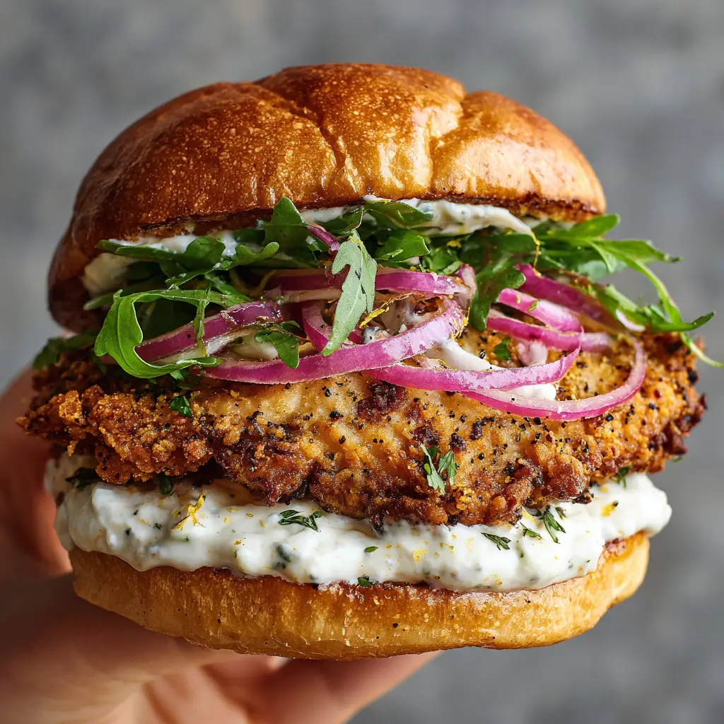 The Ultimate Lemon Pepper Chicken Sandwich with Creamy Herb Aioli 1 A gourmet lemon pepper chicken sandwich showing layers of herb aioli, arugula, and sliced red onions on a grey stone background.