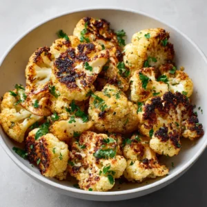 A close-up shot of Crispy Roasted Cauliflower florets with deep golden-brown charred edges and green parsley garnish.
