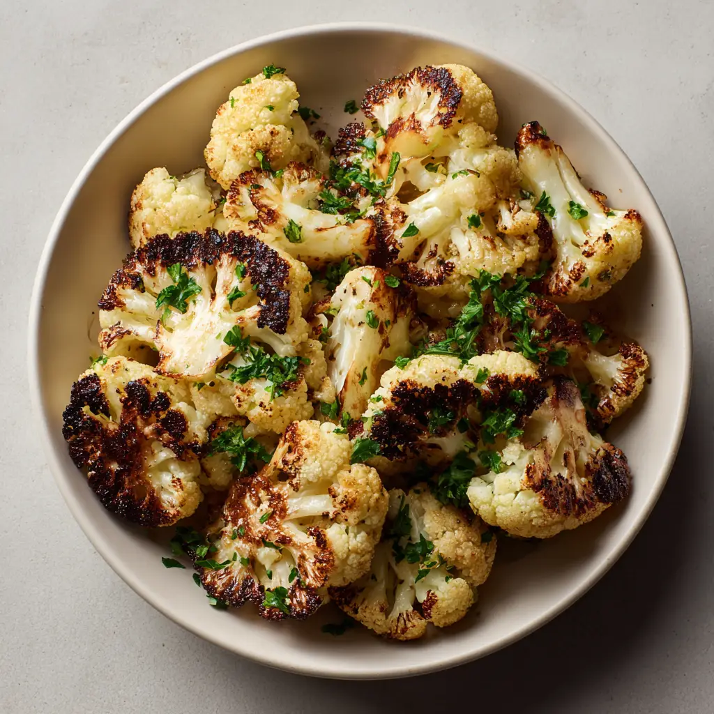 Crispy Roasted Cauliflower served in a white ceramic bowl, showing the textured, bumpy surface of the vegetable.