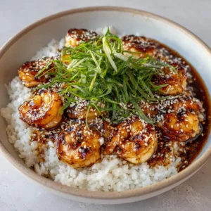 Close up shot of Honey Garlic Shrimp showing the thick amber glaze and toasted white sesame seeds.