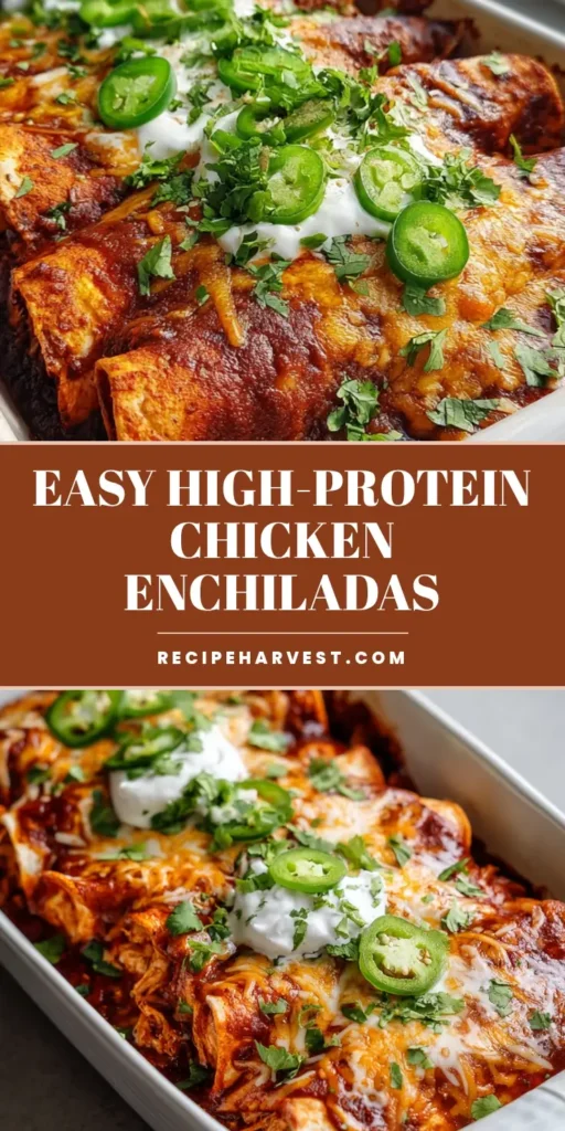 A close-up of High-Protein Chicken Enchiladas in a white baking dish featuring bubbly browned cheese and fresh jalapenos.