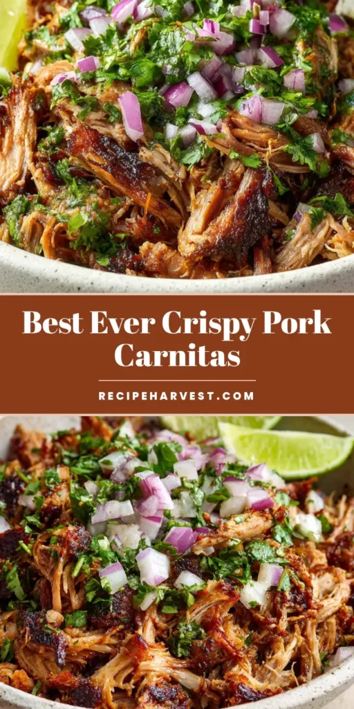 Slow Cooker Pork Carnitas: The Ultimate Crispy & Juicy Mexican Street Taco Recipe 3 A vertical shot of Slow Cooker Pork Carnitas in a ceramic bowl with charred edges, cilantro, and lime wedges, perfect for a Pinterest recipe pin.