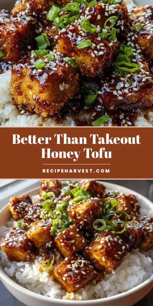 Crispy Honey Garlic Tofu: The Easiest Sticky 20-Minute Dinner 4 A close-up of a white bowl filled with white rice and crispy honey garlic tofu topped with sesame seeds and green onions.