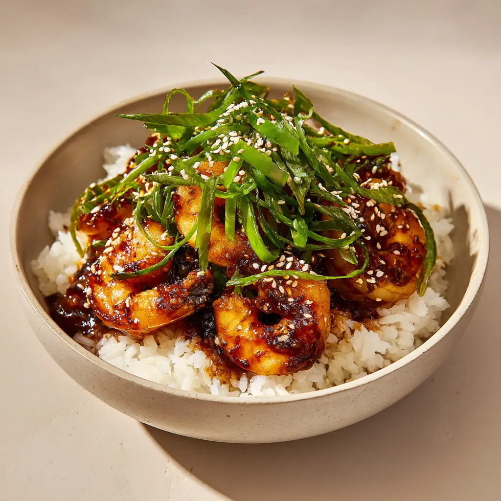 Plated Honey Garlic Shrimp in a shallow ceramic bowl with fresh green scallions and fluffy white jasmine rice.