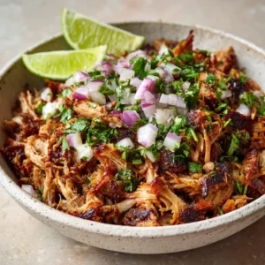A top-down view of a shallow ceramic bowl filled with Slow Cooker Pork Carnitas, featuring glistening meat and charred edges.