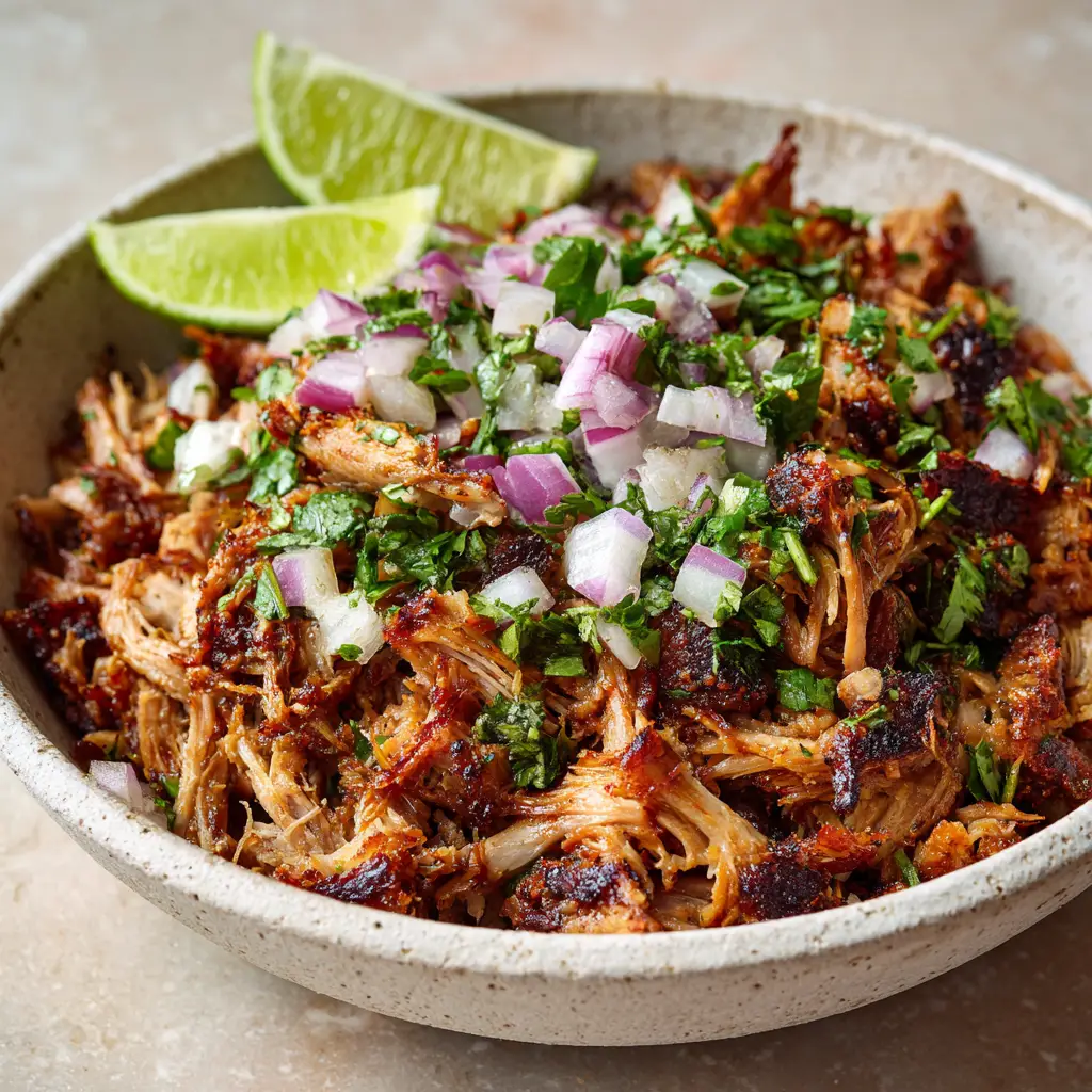 Slow Cooker Pork Carnitas: The Ultimate Crispy & Juicy Mexican Street Taco Recipe 2 A top-down view of a shallow ceramic bowl filled with Slow Cooker Pork Carnitas, featuring glistening meat and charred edges.