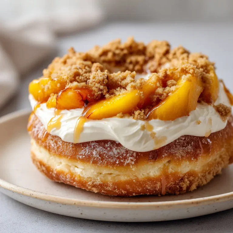 Top view of a single Peach Cobbler Cheesecake Donut with thick white cream cheese frosting and vibrant orange peach slices.