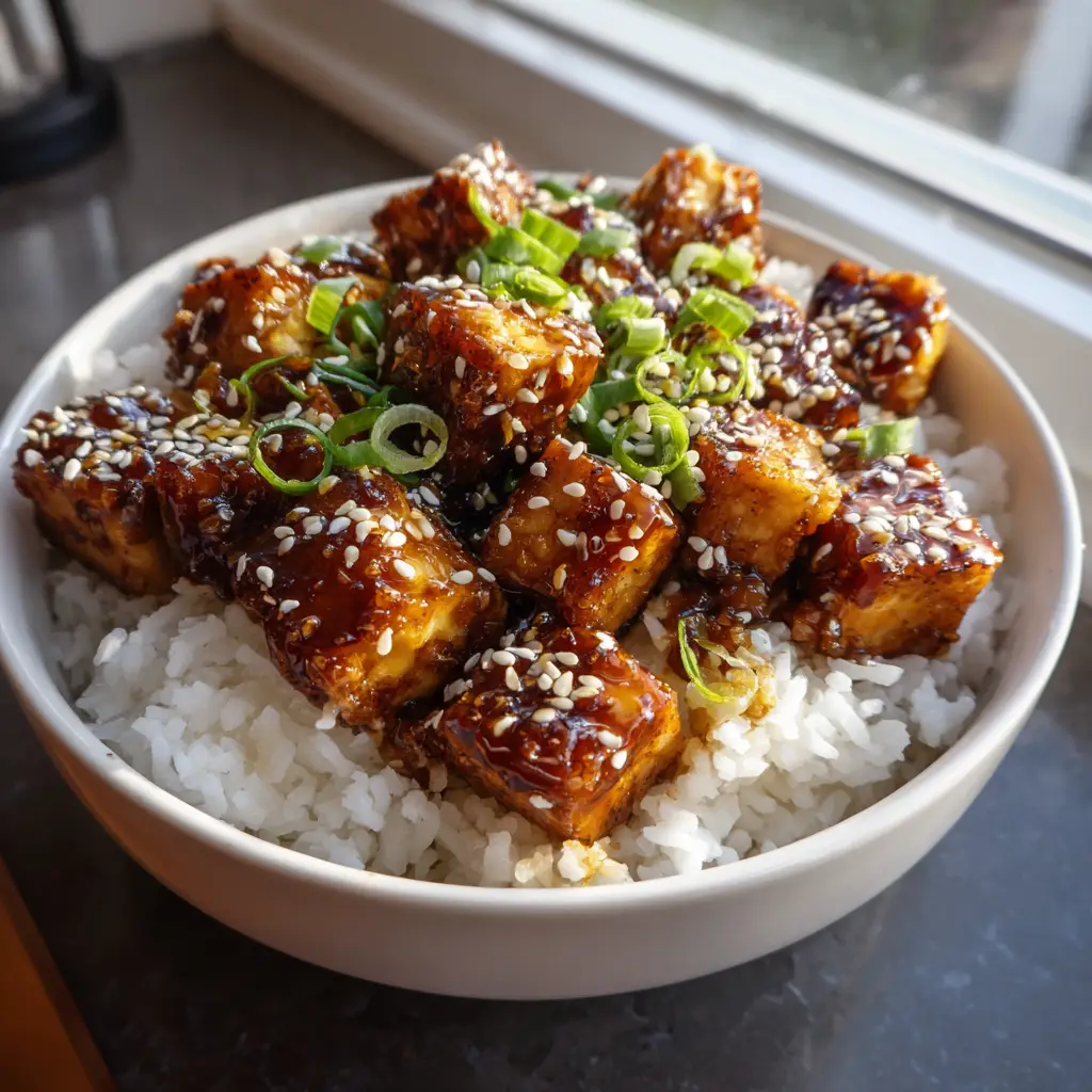 Crispy Honey Garlic Tofu: The Easiest Sticky 20-Minute Dinner 2 A close-up shot of golden-brown crispy tofu cubes coated in a glossy dark amber honey garlic glaze over rice.