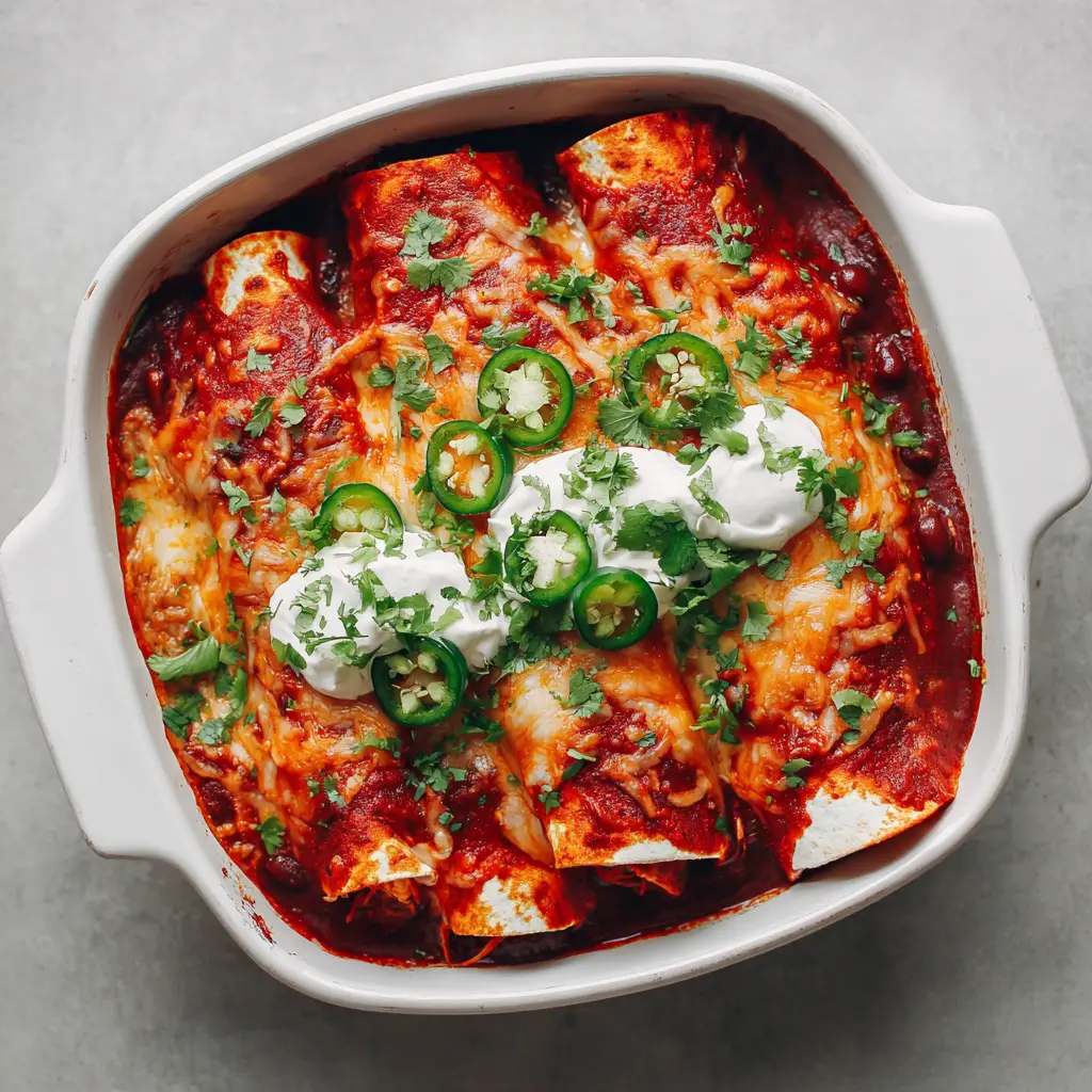 Tightly rolled High-Protein Chicken Enchiladas garnished with cilantro and sour cream dollops.