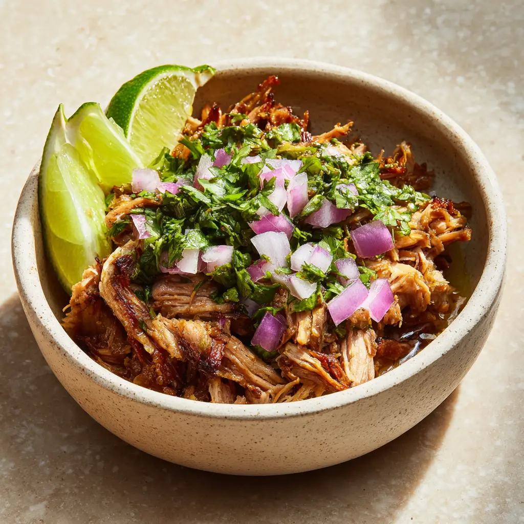 Slow Cooker Pork Carnitas: The Ultimate Crispy & Juicy Mexican Street Taco Recipe 1 Close-up of shredded Slow Cooker Pork Carnitas topped with diced red onions and fresh cilantro on a neutral stone background.