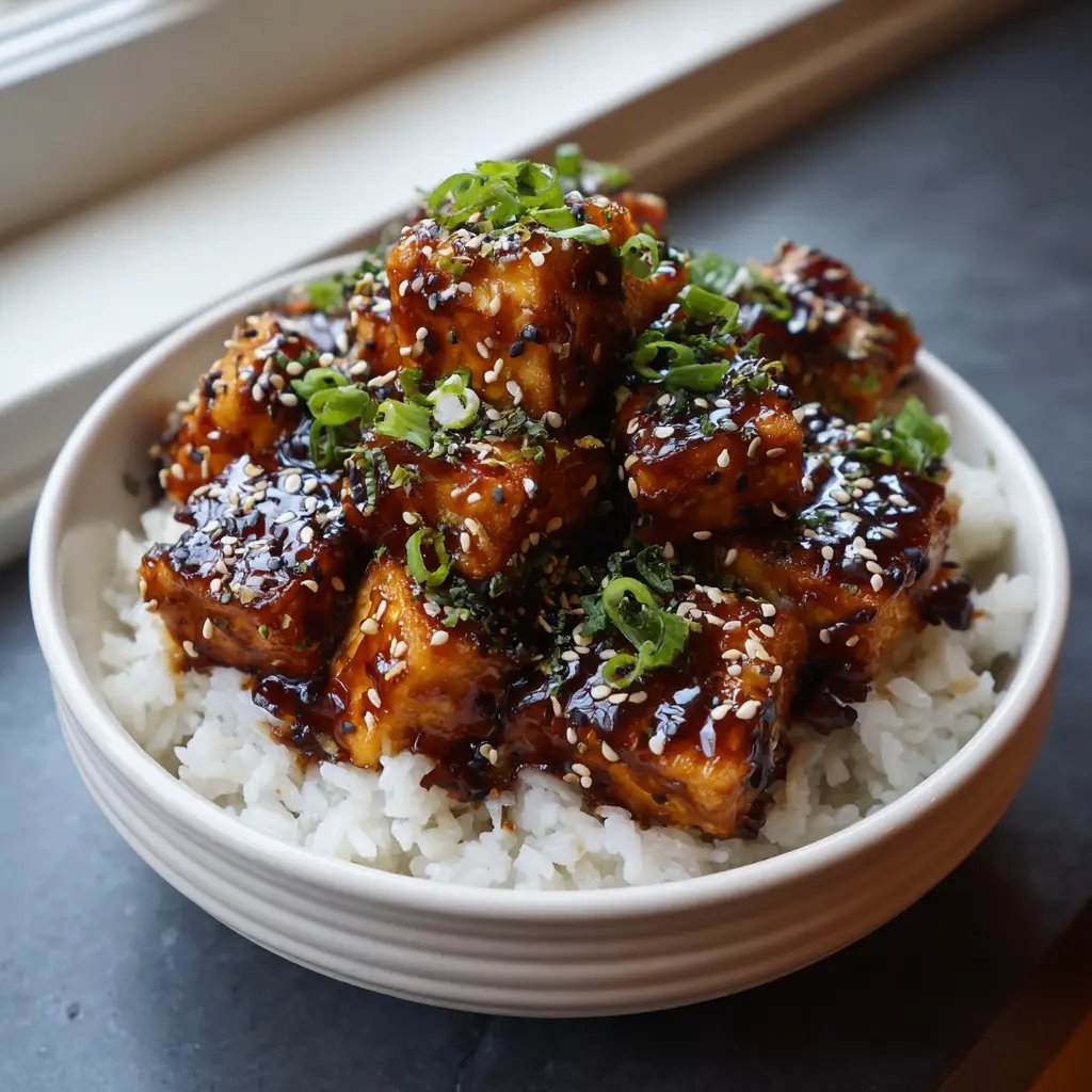 Crispy Honey Garlic Tofu: The Easiest Sticky 20-Minute Dinner 1 Handheld photo of a white ceramic bowl featuring Crispy Honey Garlic Tofu with vibrant green onions and sesame seeds.