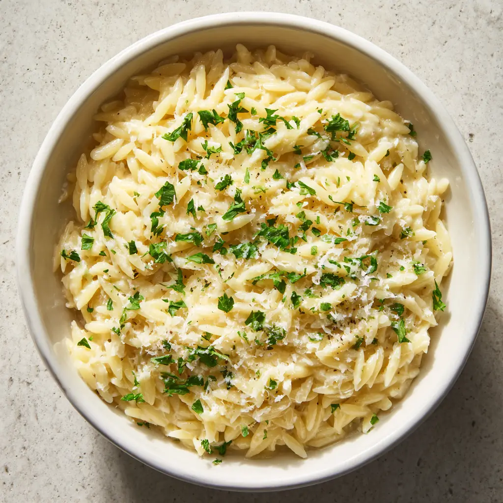 Close-up of Creamy Garlic Parmesan Orzo in a white bowl showing the glossy ivory cream sauce and fluffy cheese.