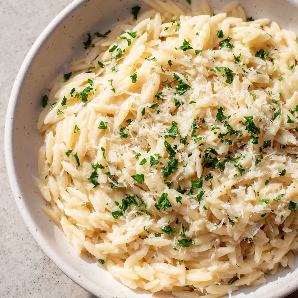 Creamy Garlic Parmesan Orzo: The Ultimate 20-Minute Comfort Meal 1 Top-down view of Creamy Garlic Parmesan Orzo textured with finely grated parmesan and fresh parsley.