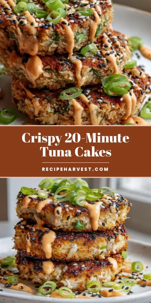 Asian Tuna Cakes: The Ultimate Crispy Panko-Crusted Recipe 4 A stack of three golden-brown Asian Tuna Cakes on a white plate with sriracha mayo drizzle and black sesame seeds.