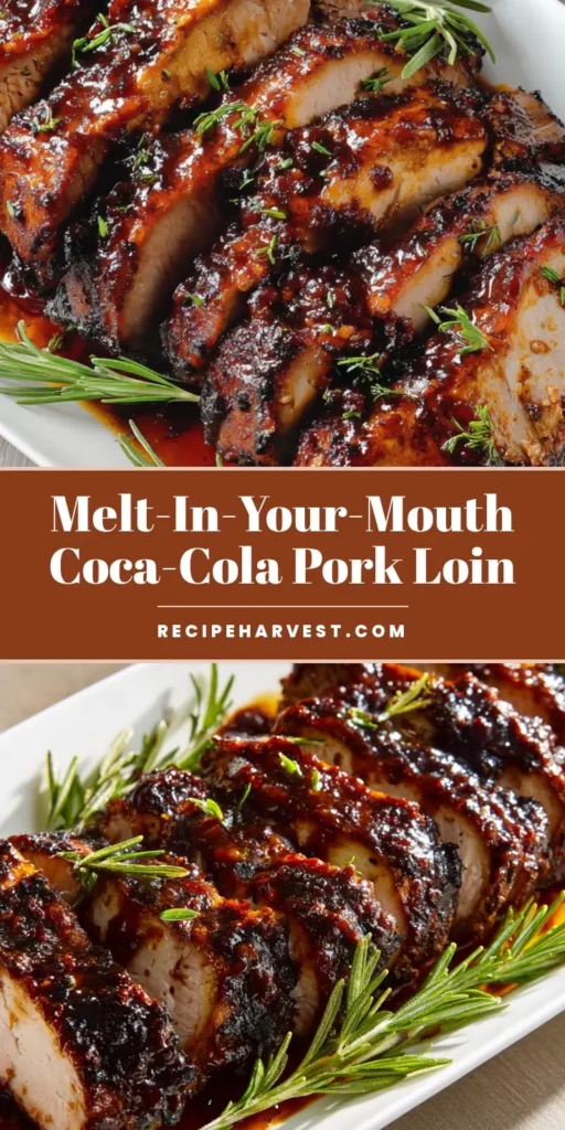 Coca-Cola Pork Loin with a Sticky Mahogany Glaze 4 Slices of succulent Coca-Cola Pork Loin with a thick dark brown caramelized glaze on a white ceramic platter with rosemary.