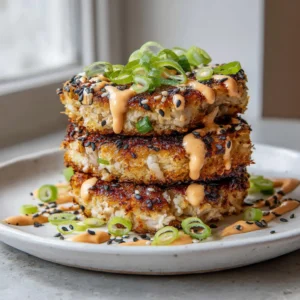 Close up of thick circular Asian Tuna Cakes featuring a textured panko exterior and green scallions.